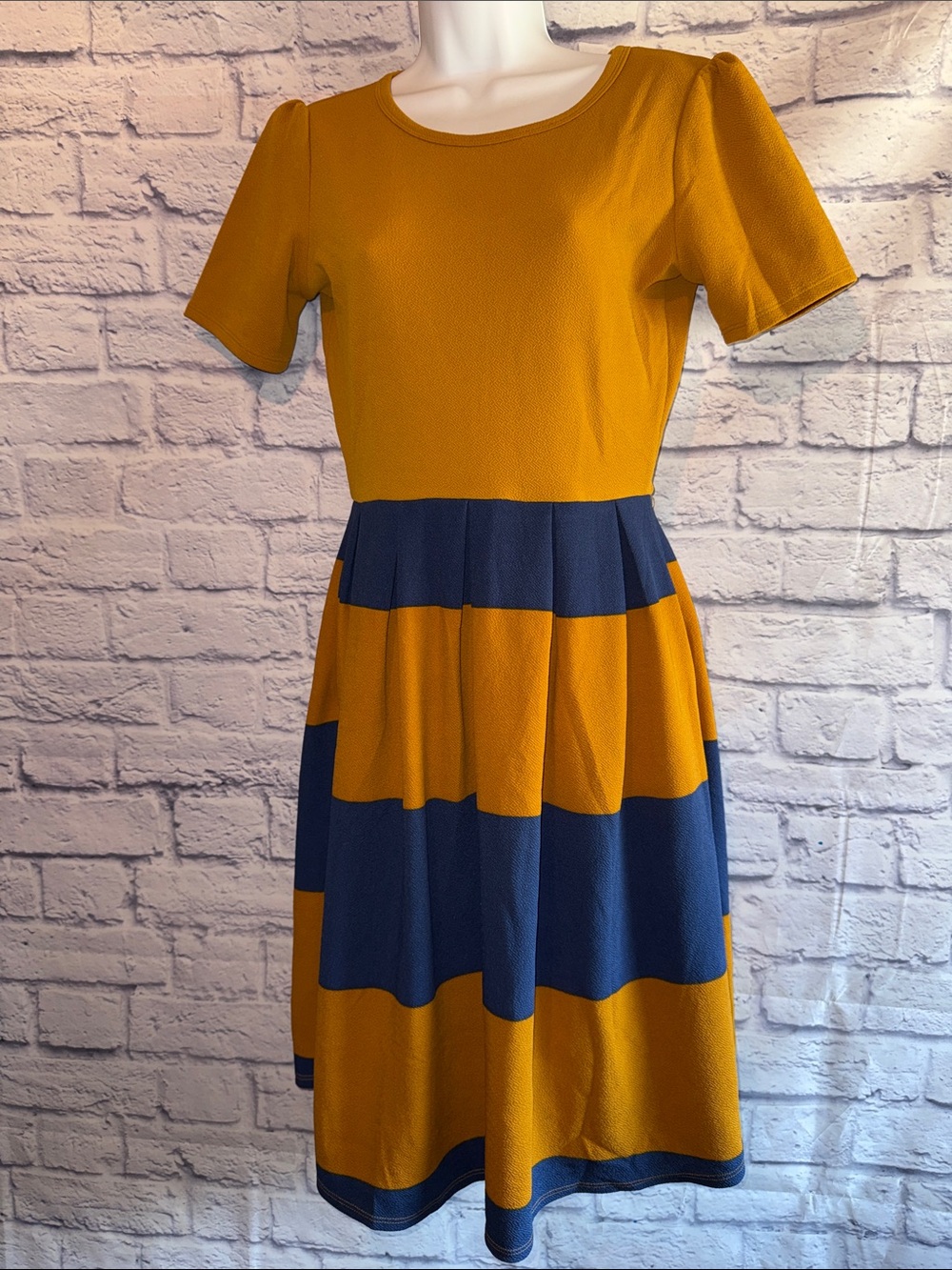 LuLaRoe Mustard and Navy Striped Fit-and-Flare Midi Dress